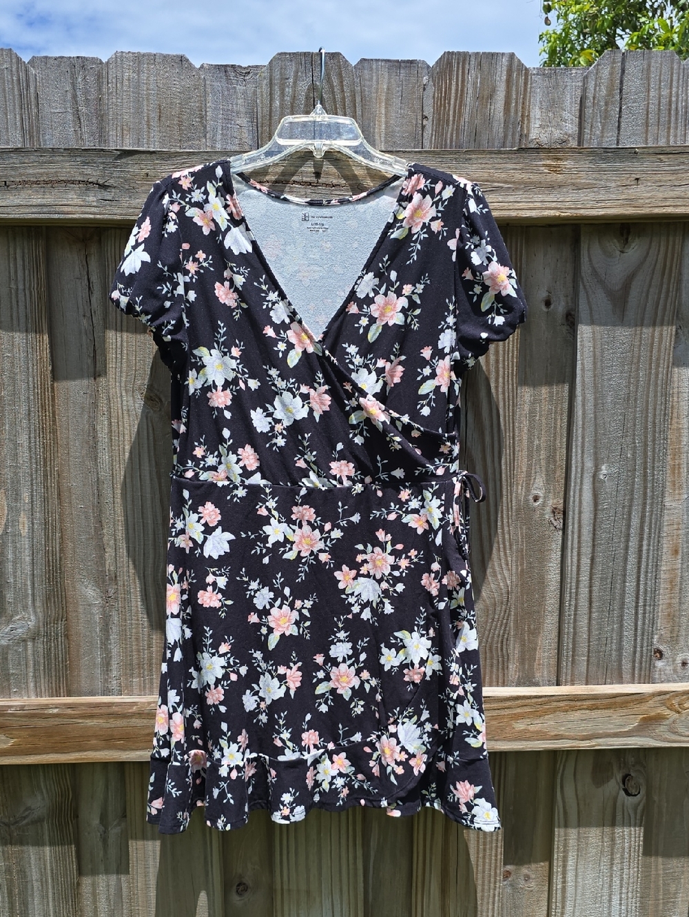 Floral Wrap Short Sleeve Dress - Black with Pink & White Flowers